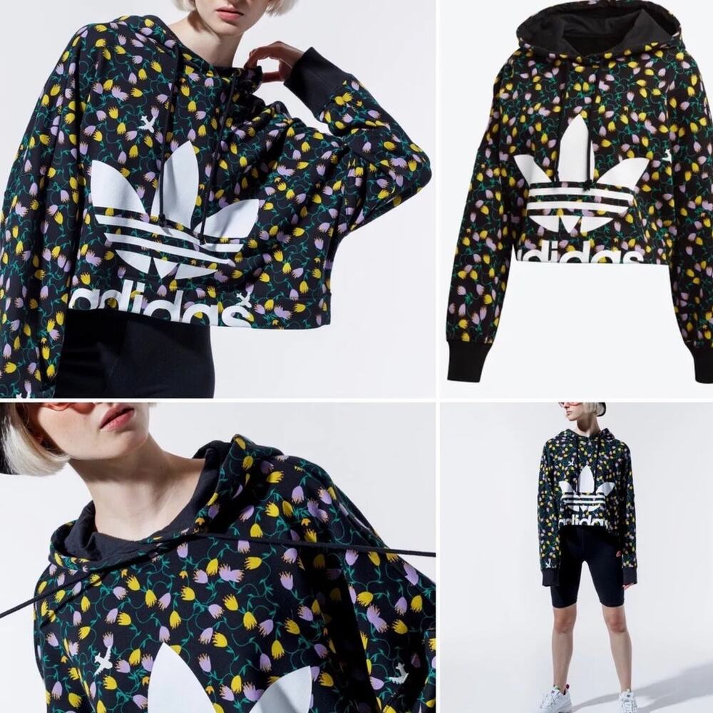 EUC ADIDAS Originals Cropped Hoodie Allover Print Drawcord Loose Fit Size Small - Picture 2 of 8
